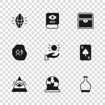 Set Magic ball, Playing cards, Bottle with potion, Ball levitating above ha.. Stock Illustration