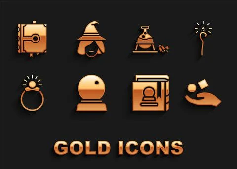 Set Magic ball, staff, Cube levitating above hand, Ancient magic book, stone Illustrazione stock