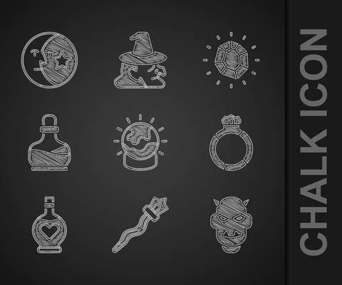 Set Magic ball, staff, Mask of the devil with horns, stone ring gem, Bottle love Stock Illustration