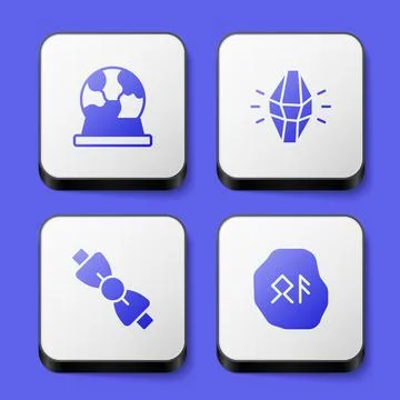 Set Magic ball, stone, Bow tie and runes icon. White square button. Vector イラスト素材