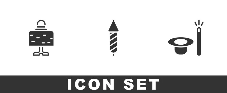 Set Magic ball on table, Firework rocket and hat and wand icon. Vector Stock Illustration