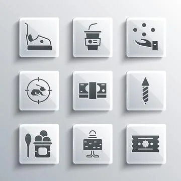 Set Magic ball on table, Ticket, Firework rocket, Stacks paper money cash, Ice Stock Illustration