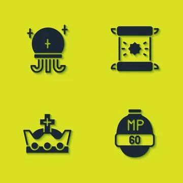 Set Magic ball, Video game bar, King crown and Decree, parchment, scroll icon Stock Illustration