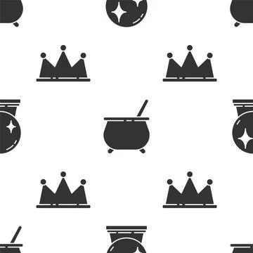 Set Magic ball, Witch cauldron and Crown on seamless pattern. Vector Stock Illustration