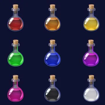 Set of magic Bottles liquid potion fantasy elixir. Game icon GUI for app games Stock Illustration