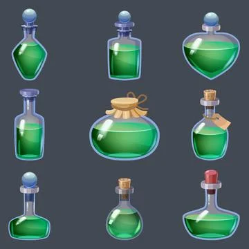 Set of magic Bottles liquid potion fantasy elixir. Game icon GUI for app games Stock Illustration