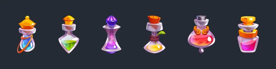 Set of magic elixir bottles isolated on black Stock Illustration