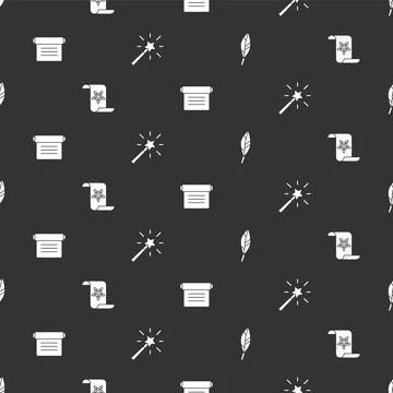 Set Magic feather, Ancient magic book, and wand on seamless pattern. Vector Stock Illustration