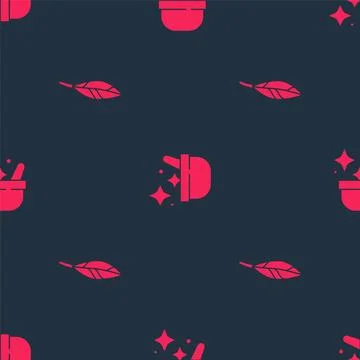 Set Magic feather and Witch cauldron on seamless pattern. Vector Illustrazione stock