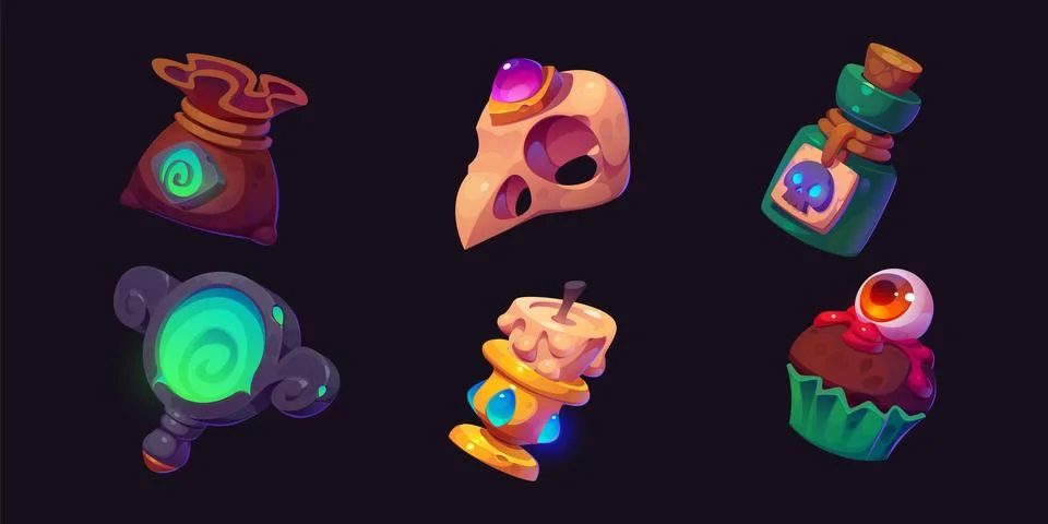 Set of magic game assets isolated on black Stock Illustration