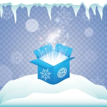 Set of magic gift boxes on a blue background, snow and icicles, magic for Illustrazione stock