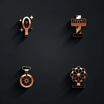 Set Magic hand mirror, Attraction carousel, Unicycle and Ferris wheel icon .. Stock Illustration