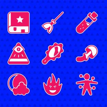 Set Magic hand mirror, Fire flame, Voodoo doll, Psilocybin mushroom, Moon stars Ilustração Stock