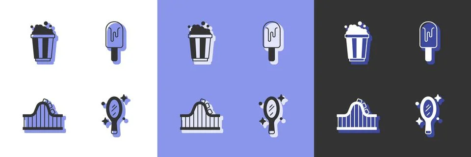 Set Magic hand mirror, Popcorn in cardboard box, Roller coaster and Ice cre.. Stock Illustration