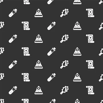 Set Magic hand mirror, scroll, Bottle with potion and Masons on seamless pattern Stock Illustration