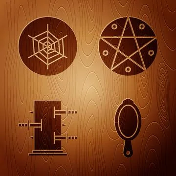 Set Magic hand mirror, Spider web, Trunk for magic tricks and Pentagram in a  Stock Illustration