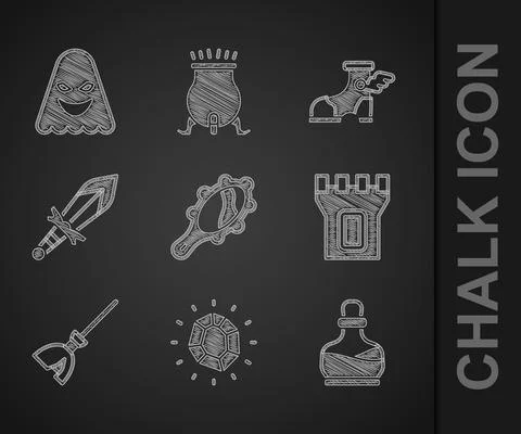 Set Magic hand mirror, stone, Bottle with potion, Castle tower, Witches broom Ilustración de archivo