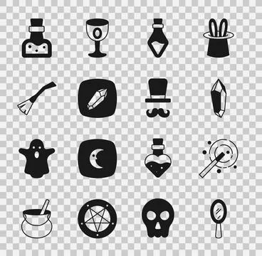 Set Magic hand mirror, wand, stone, Bottle with potion, Witches broom, and Stock Illustration
