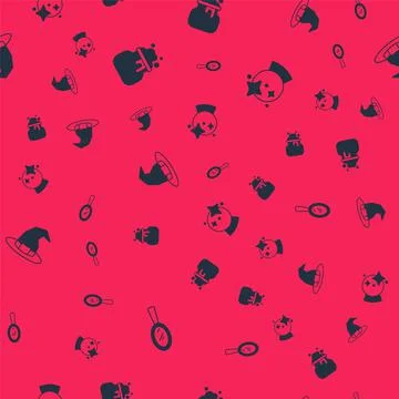 Set Magic hand mirror, Witch cauldron, hat and ball on seamless pattern. Vector Stock Illustration