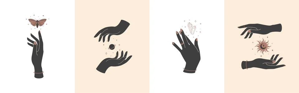 Set of magic hands with celestial mystical symbols. Spiritual boho logo, design Stock Illustration