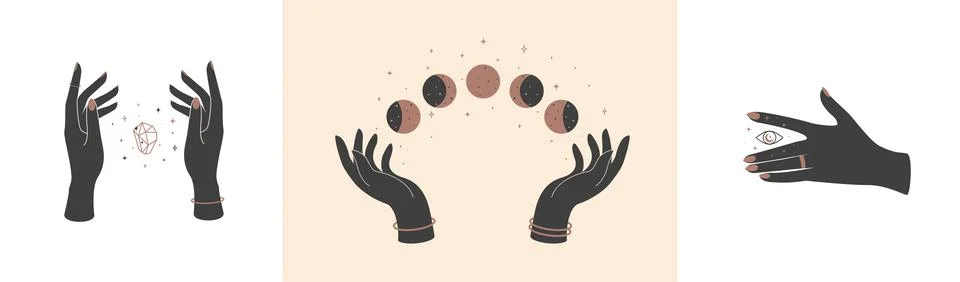 Set of magic hands with celestial mystical symbols. Spiritual boho logo, design Stock Illustration