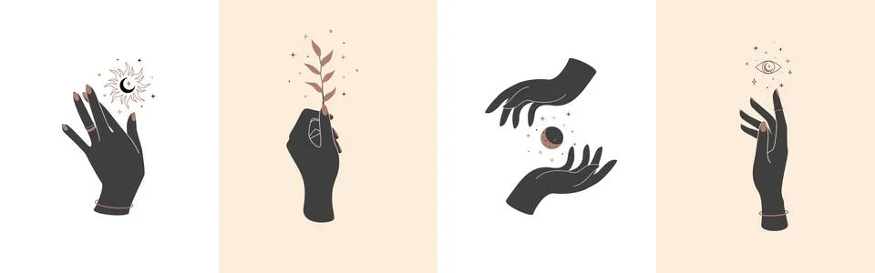 Set of magic hands with celestial mystical symbols. Spiritual boho logo, design Stock Illustration
