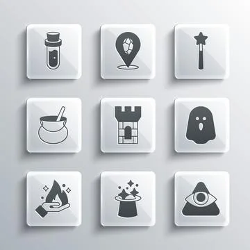 Set Magic hat, All-seeing eye of God, Ghost, Castle tower, Hand holding fire Ilustração Stock