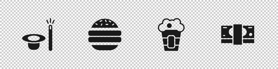 Set Magic hat and wand, Burger, Popcorn in box and Stacks paper money cash icon Illustrazione stock