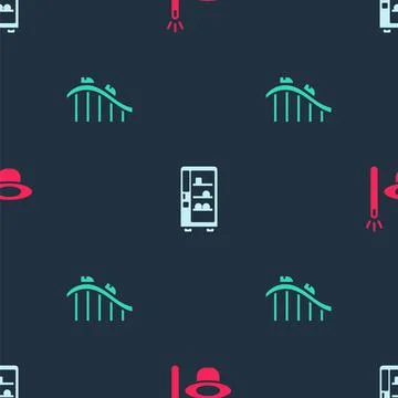 Set Magic hat and wand, Vending machine and Roller coaster on seamless pattern Illustrazione stock