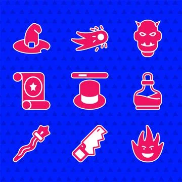 Set Magic hat and wand, Hand saw, Fire flame, Bottle with potion, staff, scroll Stock Illustration