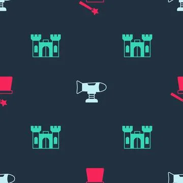 Set Magic hat and wand, Swing plane and Castle on seamless pattern. Vector Stock Illustration