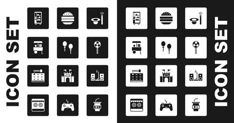 Set Magic hat and wand, Balloons, Fast street food cart, Vending machine Ilustración de archivo