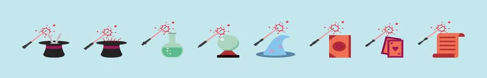 Set of magic hat and wands cartoon icon design template Stock Illustration