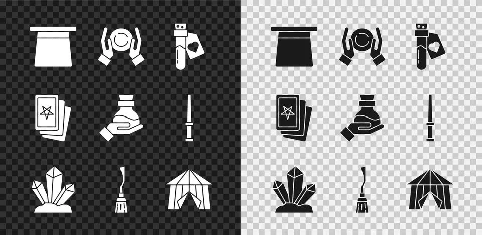 Set Magic hat, ball on hand, Bottle with love potion, stone, Witches broom Illustrazione stock