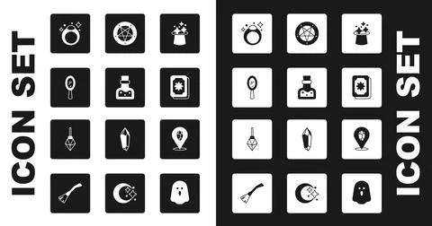 Set Magic hat, Bottle with potion, hand mirror, stone ring, Tarot cards Stock Illustration