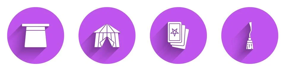 Set Magic hat, Circus tent, Three tarot cards and Witches broom icon with long Illustrazione stock
