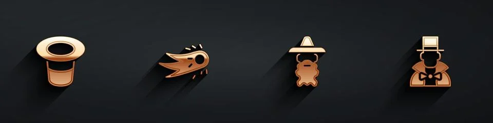 Set Magic hat, Fireball, Wizard warlock and Magician icon with long shadow Stock-Illustration