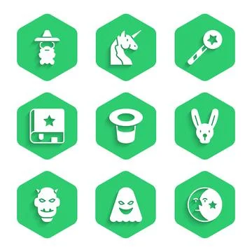 Set Magic hat, Ghost, Moon and stars, Rabbit with ears, Mask of the devil horns Illustrazione stock