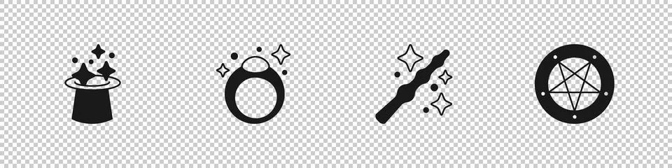 Set Magic hat, stone ring, wand and Pentagram circle icon. Vector Stock Illustration