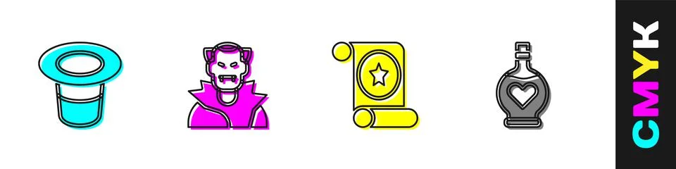 Set Magic hat, Vampire, scroll and Bottle with love potion icon. Vector Stock Illustration
