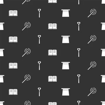 Set Magic hat, wand, Ancient magic book and on seamless pattern. Vector Illustrazione stock