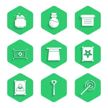 Set Magic hat, wand, Ancient magic book, carpet, and Witch cauldron icon. Vector Stock Illustration
