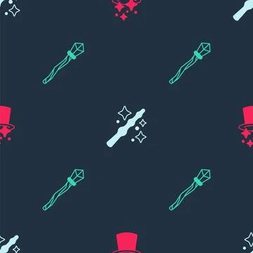 Set Magic hat, wand and staff on seamless pattern. Vector Stock Illustration