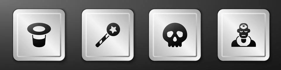 Set Magic hat, wand, Skull and Wizard warlock icon. Silver square button. V.. Stock Illustration