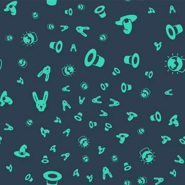 Set Magic hat, Witch, Rabbit with ears and ball on seamless pattern. Vector Illustrazione stock