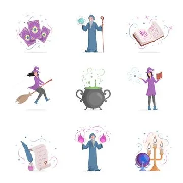 Set of magic items vector flat illustration isolated on white background. Taro Stock Illustration