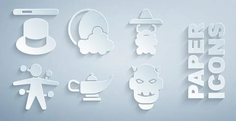 Set Magic lamp or Aladdin, Wizard warlock, Voodoo doll, Mask of the devil with Stock Illustration