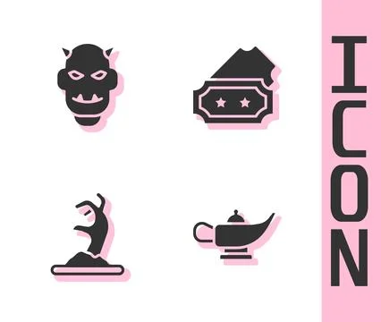 Set Magic lamp or Aladdin, Mask of the devil with horns, Zombie hand and Ti.. Stock Illustration