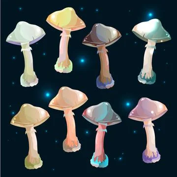 Set. Magic mushrooms. On a dark background. Multi-colored mushrooms. Illustrazione stock
