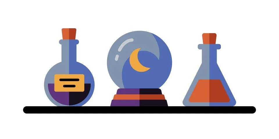 Set Of Magic Potion Bottles And Crystal Ball On A Shelf on white background.. Illustrazione stock